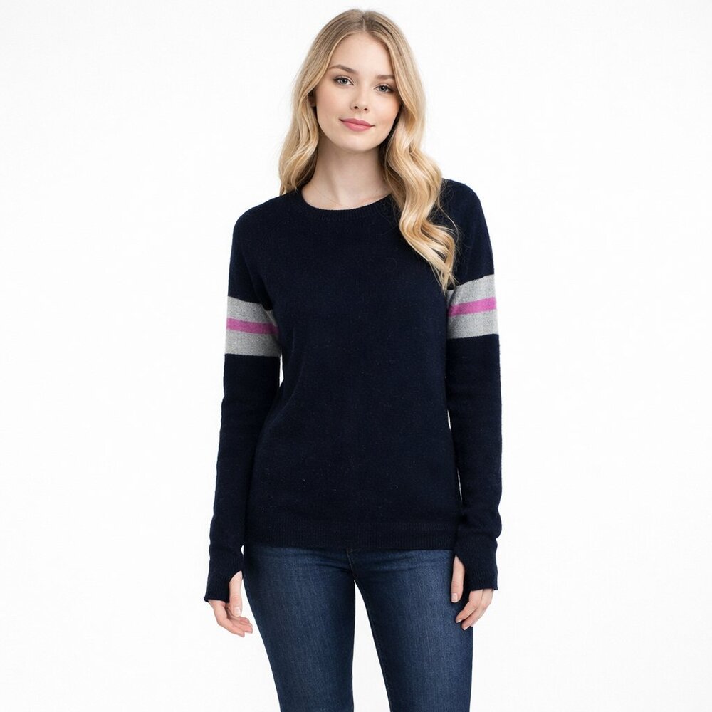 AQUA Cashmere Varsity Pullover Sweater Thumbhole Black Small #5140
